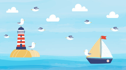 Horizontal summer background design with cartoon lighthouse, sailboat, and seagulls. Nautical background design for web banner, wallpaper, video, social media header, and more. © Torico