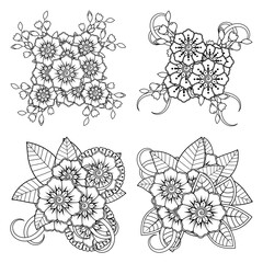 Set of Mehndi flower for henna, mehndi, tattoo, decoration. decorative ornament in ethnic oriental style. doodle ornament. outline hand draw illustration. coloring book page.