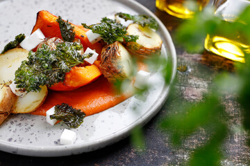 Baked vegetables on pumpkin puree. Vegetarian cooking.
Culinary photography. Suggestion to serve the dish.