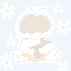 Baby - Hand-drawn illustration of a baby holding a stuffed animal
ぬいぐるみを抱っこしている赤ちゃんの手描きイラスト