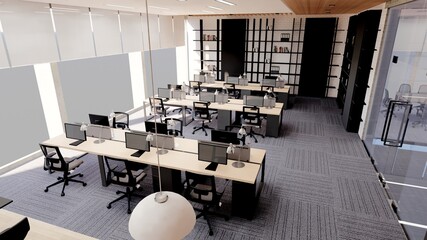 Interior Empty Modern Loft Office open space modern office footage.Modern open concept Lobby and reception area meeting room design.3d Rendering .