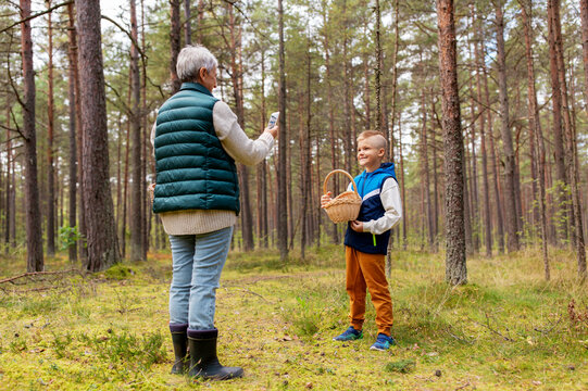 picking season, leisure and people concept - grandmother with smartphone photographing happy smiling grandson with mushrooms in basket in forest