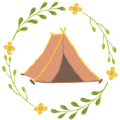 vintage camping tent decorated with floral wreath vector illustration