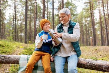 picking season, leisure and people concept - grandmother and grandson having picnic and drinking...