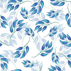 Blue branches watercolor on white background, set leaf, holiday postcard, organic seamless pattern, wallpaper, textile