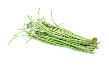 Fresh string beans bundle in a bundle isolated on white background.