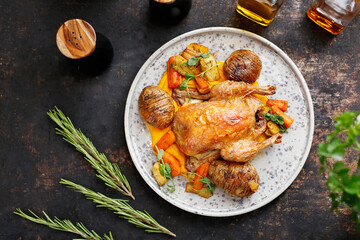 Roast duck with hasselback potatoes and vegetables.
Culinary photography. Suggestion to serve the dish.