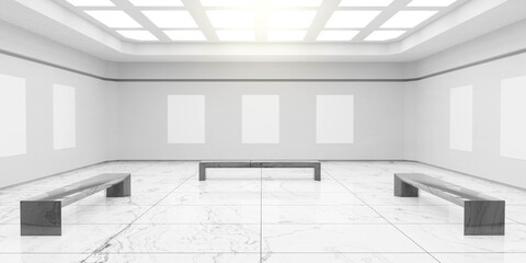 Obraz na płótnie Canvas empty exhibition gallery hall with marble floor and blank canvas 3d render illustration