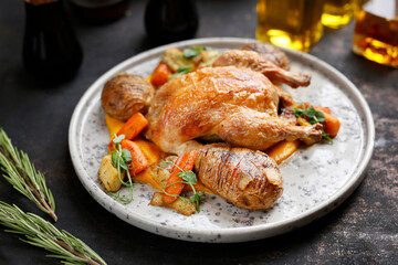 Roast duck with hasselback potatoes and vegetables.
Culinary photography. Suggestion to serve the dish.