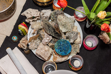 Close up of stone quartz mineral. Items for Tibetan sound massage.