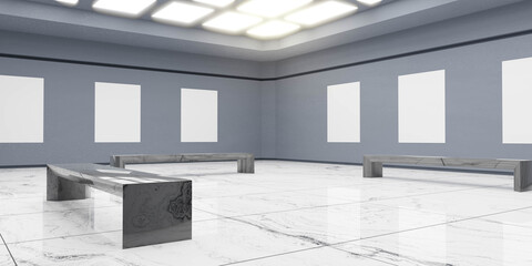 empty modern art center gallery exhibition with blank artwork and dark walls with marble floor canvas images 3d render illustration