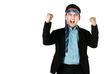 Young Asian man smiling standing wearing black suit tie a necktie on the head and Showing signs of joy in working to be successful on a white background. Concept businessman success cheerful happy.