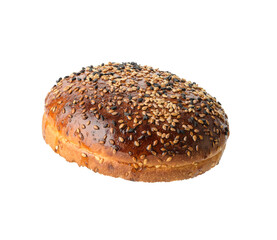 top half of baked brown round sesame bun for hamburger