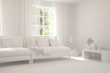 Mock up of stylish room in white color with sofa and green landscape in window. Scandinavian interior design. 3D illustration