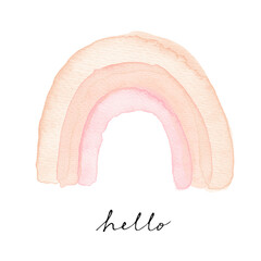 Watercolor Painting with Pink Rainbow. Nursery Art with Cute Rainbow and Black Handwritten Hello on a White Background. Lovely Print ideal for Card, Wall Art, Poster, Kids Room Decoration.