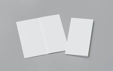 blank folded white flyer on grey background 3d render illustration showcase copy space design