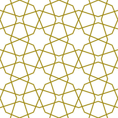 Fototapeta premium Simple octagon and star shapes tessellation repeating pattern in gold color outlines against a white background, geometric vector illustration