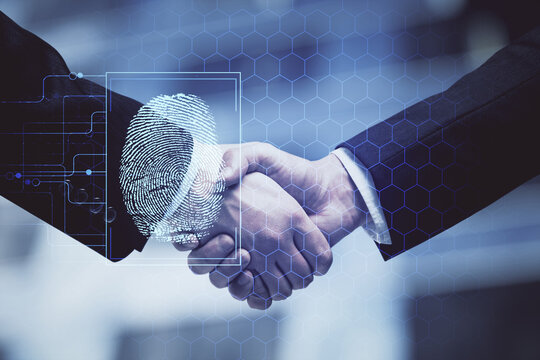 Double exposure of fingerprint hologram and handshake of two men. Security concept.