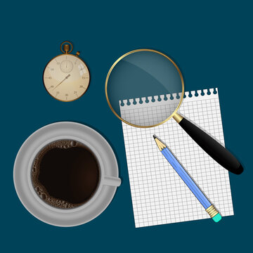 A cup of coffee, a magnifying glass, a pencil, and a notebook sheet.