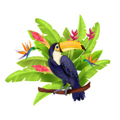 Toucan vector illustration, exotic tropical bird, banana leaves, paradise flowers, beak, purple feather. Amazon wildlife summer nature clipart, branch, Brazil parrot. Floral toucan vector concept © Oleksandra