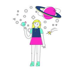 vector girl with planets cute funny characters all elements are isolated