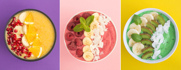 Collage of smoothie bowls. Smoothie bowls with fruit on the colored background. Top view.