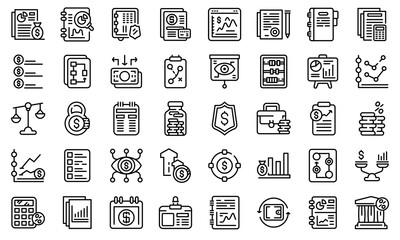 Financial planning icons set. Outline set of financial planning vector icons for web design isolated on white background