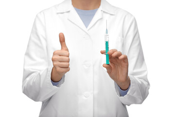 medicine, vaccination and healthcare concept - close up of female doctor or nurse with syringe showing thumbs up over white background