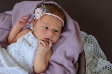 The sleeping Newborn. Portrait of charming caucasian baby indoor
