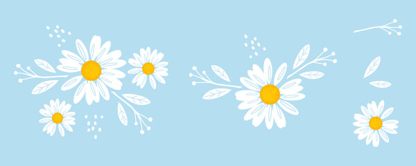 Daisy flower icons on blue background vector illustration. Cute floral print.