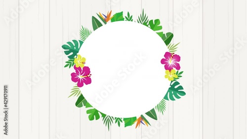 南国の花と葉 ボタニカル装飾 中央で回転するお花のサークル 白い木目背景 Wall Mural Pp7 南国の花と葉 ボタニカル装飾 中央で回転するお花のサークル 白い木目背景 Wall Mural Pp7
