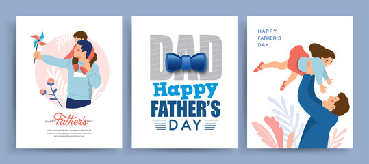 Set of Happy Father's Day greeting card. Vector illustration of fathers and kids in flat style.