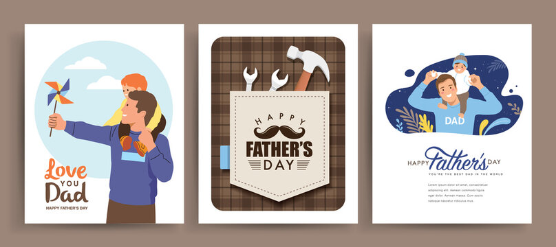 Set of Happy Father's Day greeting card. Vector illustration of fathers and kids in flat style.