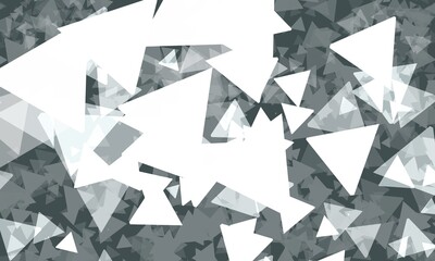 Dynamic vortex of white triangles or flat pyramids on gray background creating deep perspective. Expressive banner. Technology and innovation motive. Great as backdrop, frame or cover. Simple.