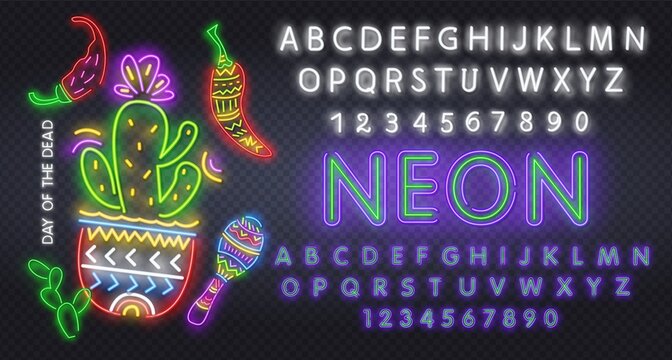 Day of the Dead Neon Concept. Vector Illustration of Mexican Holiday Promotion. Dia de los Muertos Neon Banner Design. Vector Illustration