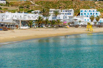 Greece Mykonos island in Cyclades panoramic of a sandy beach view