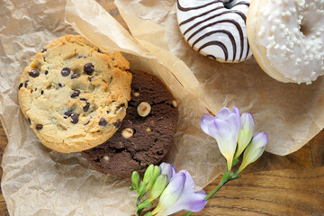 Chocolate and vanilla cookies and donuts