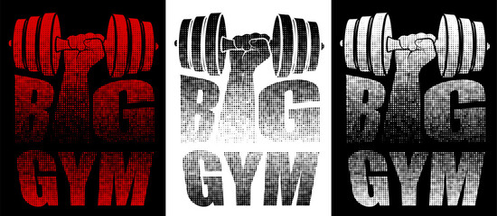 GYM or fitness emblem. Inscription with big gym name from dots with letters I in form of athlete hand with dumbbells. Design element, print for clothes. Vector