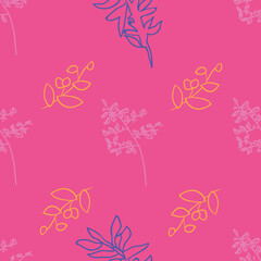 Vector fushia pink background herbs, leaf, flowers and plants texture seamless pattern. Seamless pattern background