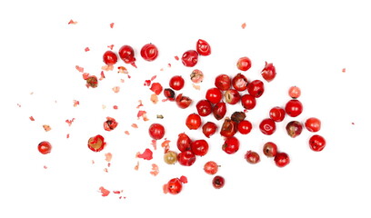 Red peppercorn pile isolated on white background, top view