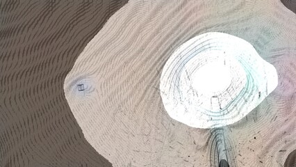 Colored abstraction in shades of brown. Stylization for drawing from symmetrical lines. A white circle in the center, around which there are many gray lines that change color in the distance.