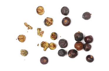 Dried juniper berries pile isolated on white background, top view