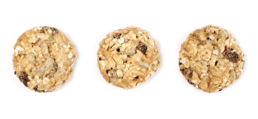 Muesli cookies, granola biscuits with peanuts, raisins and sunflower seeds set and collection, isolated on white background, top view