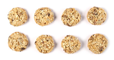 Muesli cookies, granola biscuits with peanuts, raisins and sunflower seeds set and collection, isolated on white background, top view
