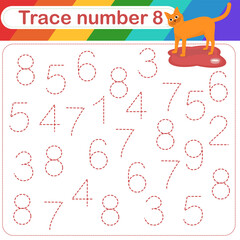 Vector Illustration of activity page for handwriting practice. Learning numbers for kids.Trace number design for learning handwriting.	
