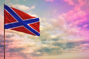 Fluttering Novorossiya flag mockup with the space for your content on colorful cloudy sky background.