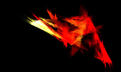 Red hot fiery element falling in dark far deep black space. Fire explosion. Rushing sparks. Bright glowing red hues over black background. Dynamic prickly splash, spark or blot.