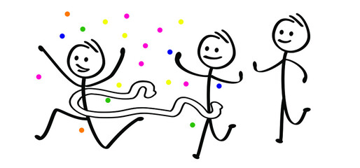 Hand drawn, stickman running the finish line. Sports competition winner. Happy stick figure man runner takes first place. Gold medal, champion win. Vector cartoon sketch sign