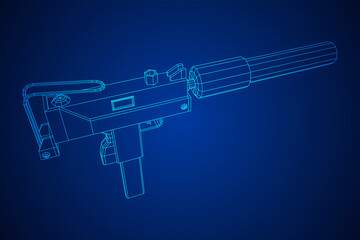Submachine gun modern firearms pistol with silencer. Wireframe low poly mesh vector illustration.