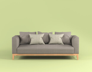Modern scandinavian gray fabric sofa with soft pillows on wooden legs on light green background flat lay front view. Furniture, single piece of interior object. Stylish trendy couch